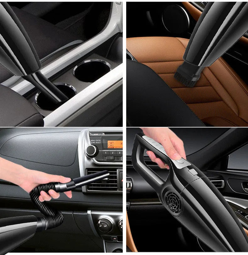 Black and orange Hypa car vacuum cleaner with cigarette lighter plug, showing compact size.