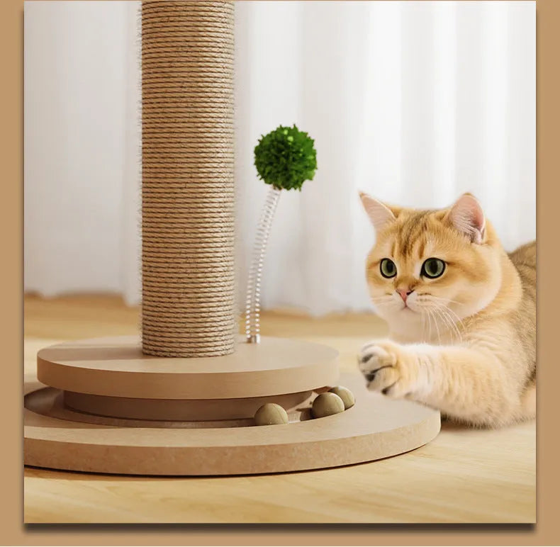 Vertical cat climbing frame with hemp rope scratching posts and a canna coloured column