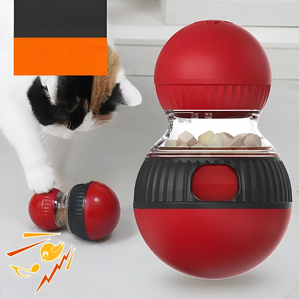 Rotating plastic cat toy with sound features and food dropping ball for indoor pet enrichment