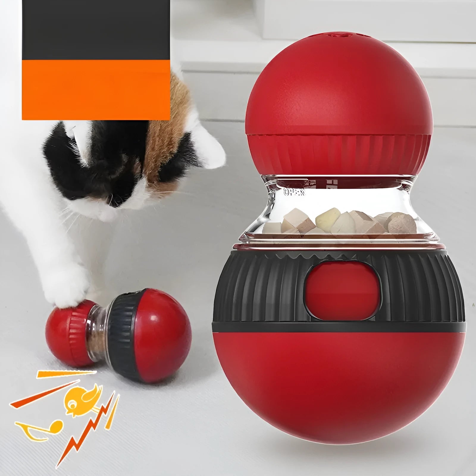 Rotating plastic cat toy with sound features and food dropping ball for indoor pet enrichment