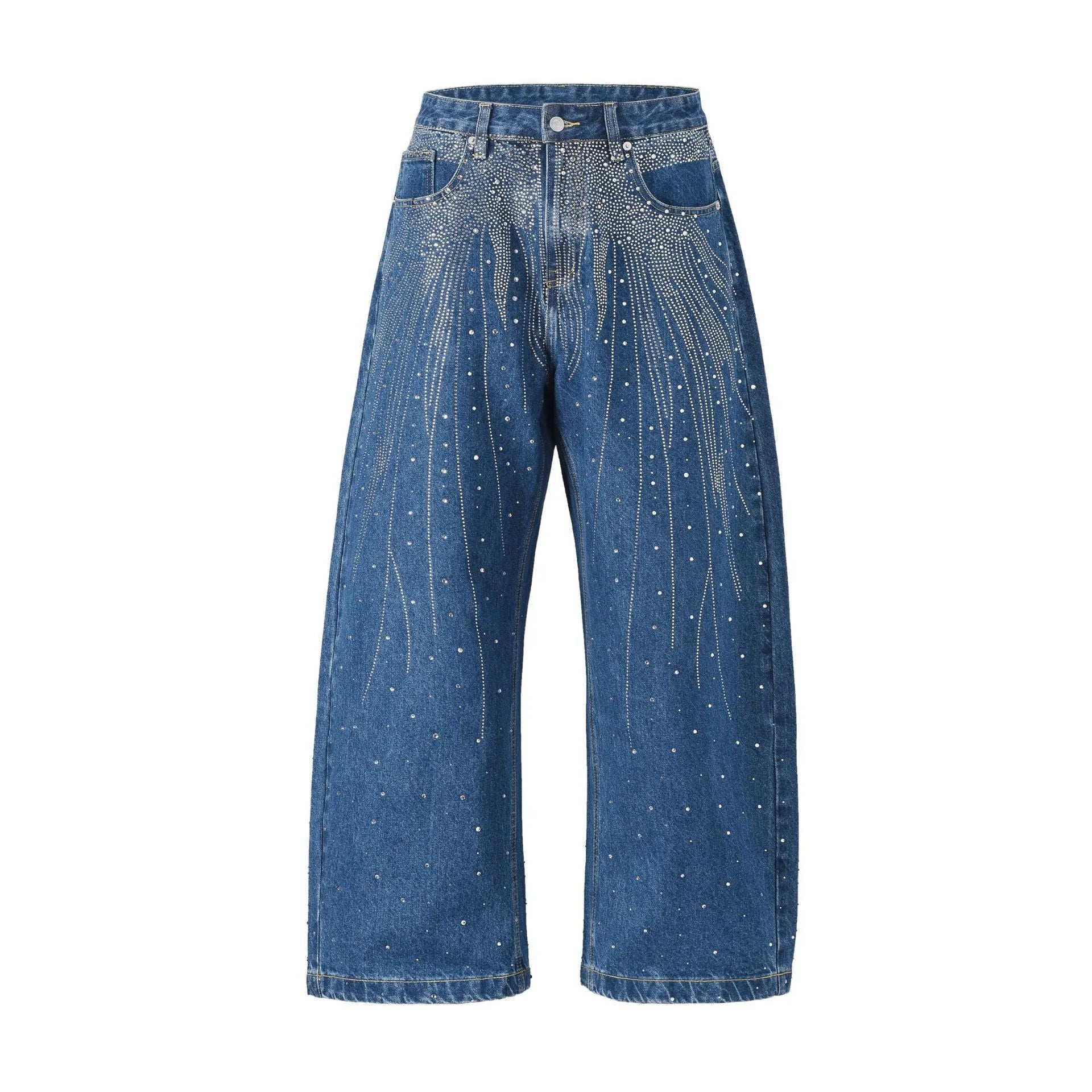 Blue loose-fit wide-leg high street trousers showing waist sizes 30-36 with pullover styling