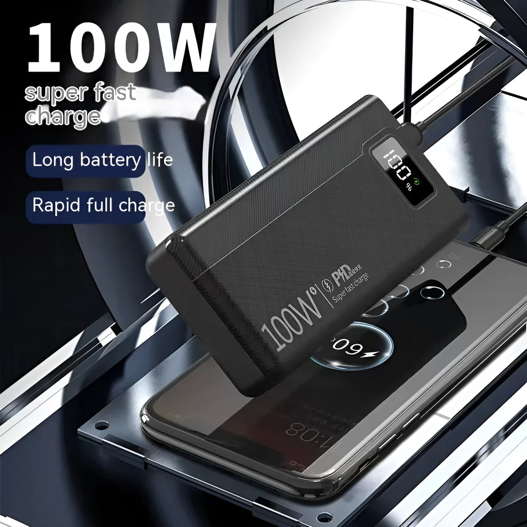 Black and white large capacity power bank with fast charging support measuring 150mm x 76mm