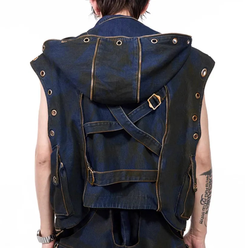 Blue hooded denim vest coat with matching trousers set in Korean style