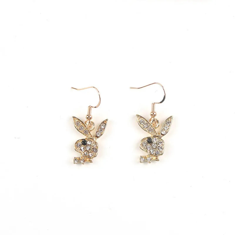 Rabbit-shaped stud earrings covered in crystals with butterfly clutch fastenings in silver, pink and gold colours