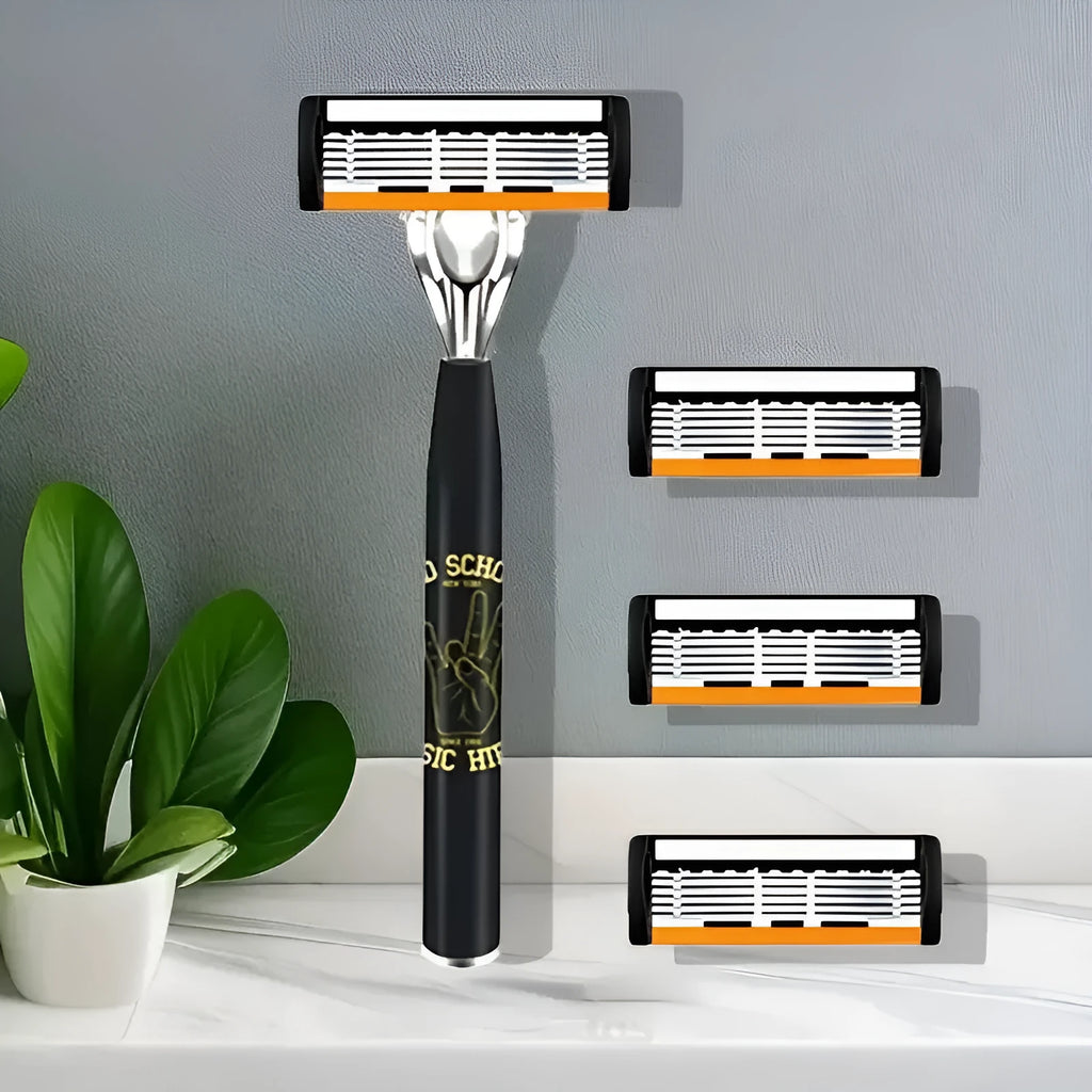 Black six-layer finger grip manual shaver handle with a set of metal cutting blades.