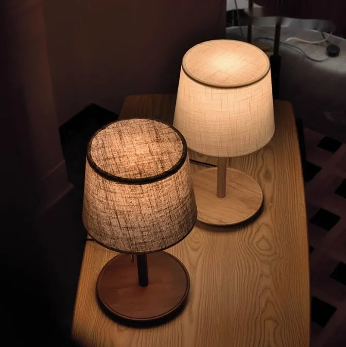 Walnut colour solid wood bedside lamp with fabric shade and pull cord switch