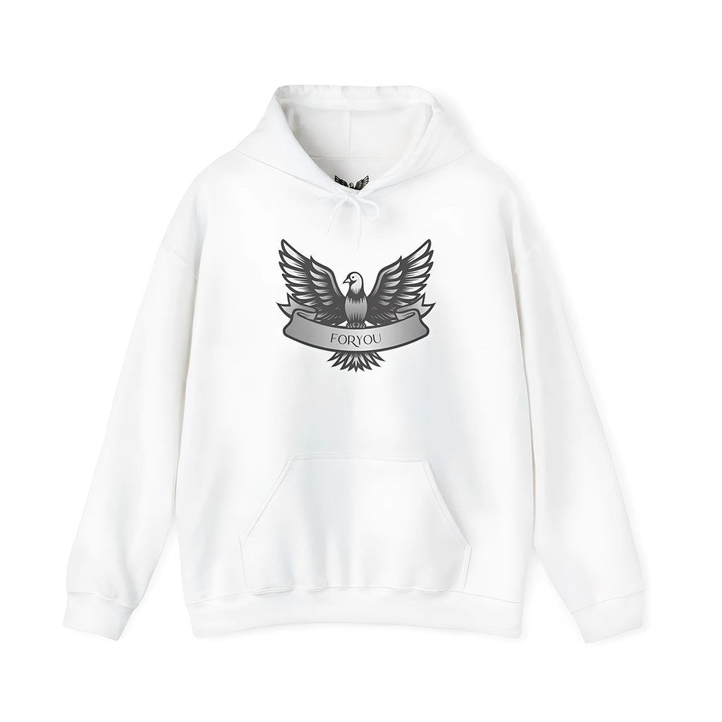 A solid colour cotton blend pullover hoodie with a hood and long sleeves, laid flat.
