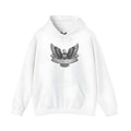 A solid colour cotton blend pullover hoodie with a hood and long sleeves, laid flat.