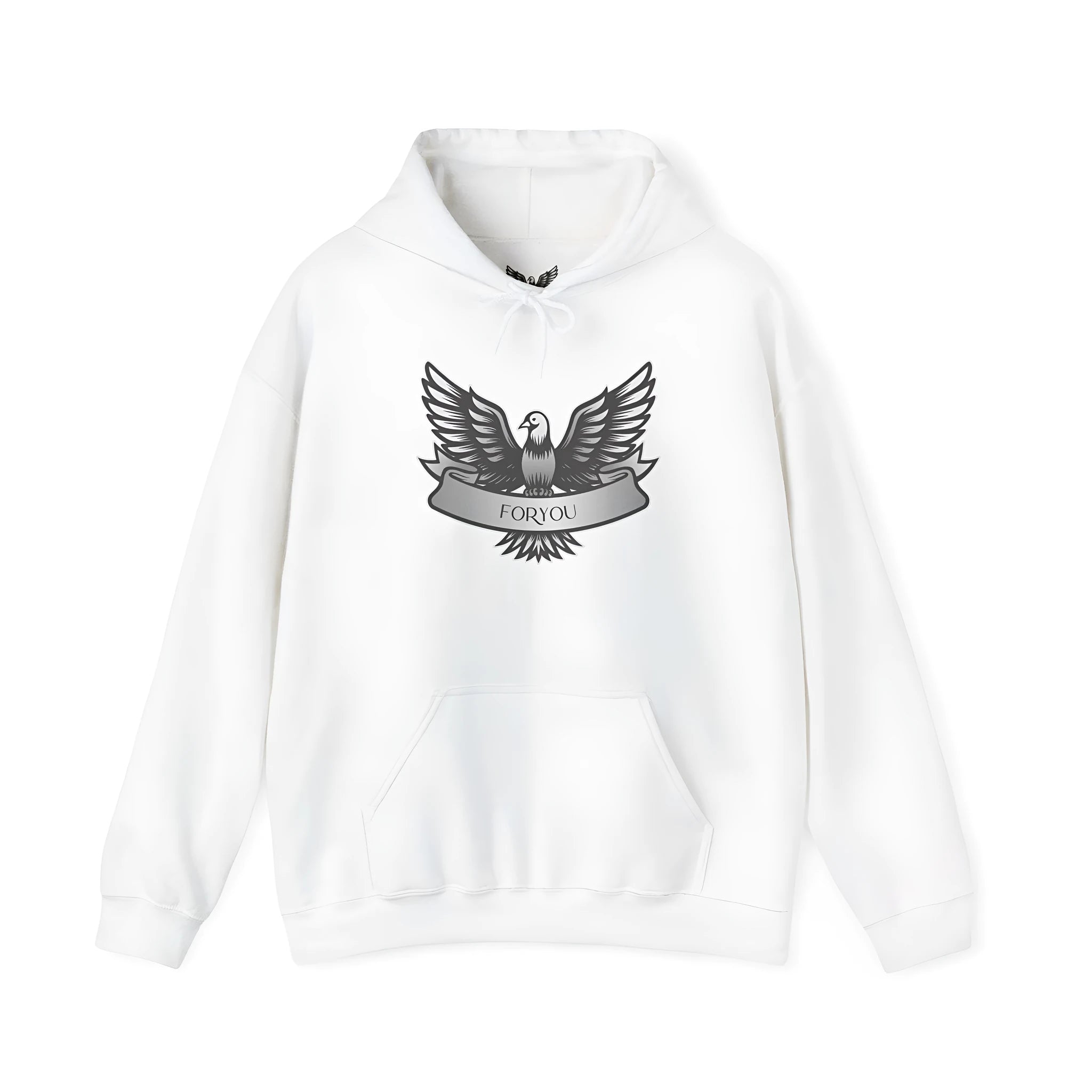 A solid colour cotton blend pullover hoodie with a hood and long sleeves, laid flat.