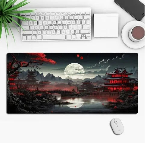 Gaming mouse pad with anime graphic design on a desk, showing non-slip rubber cloth base