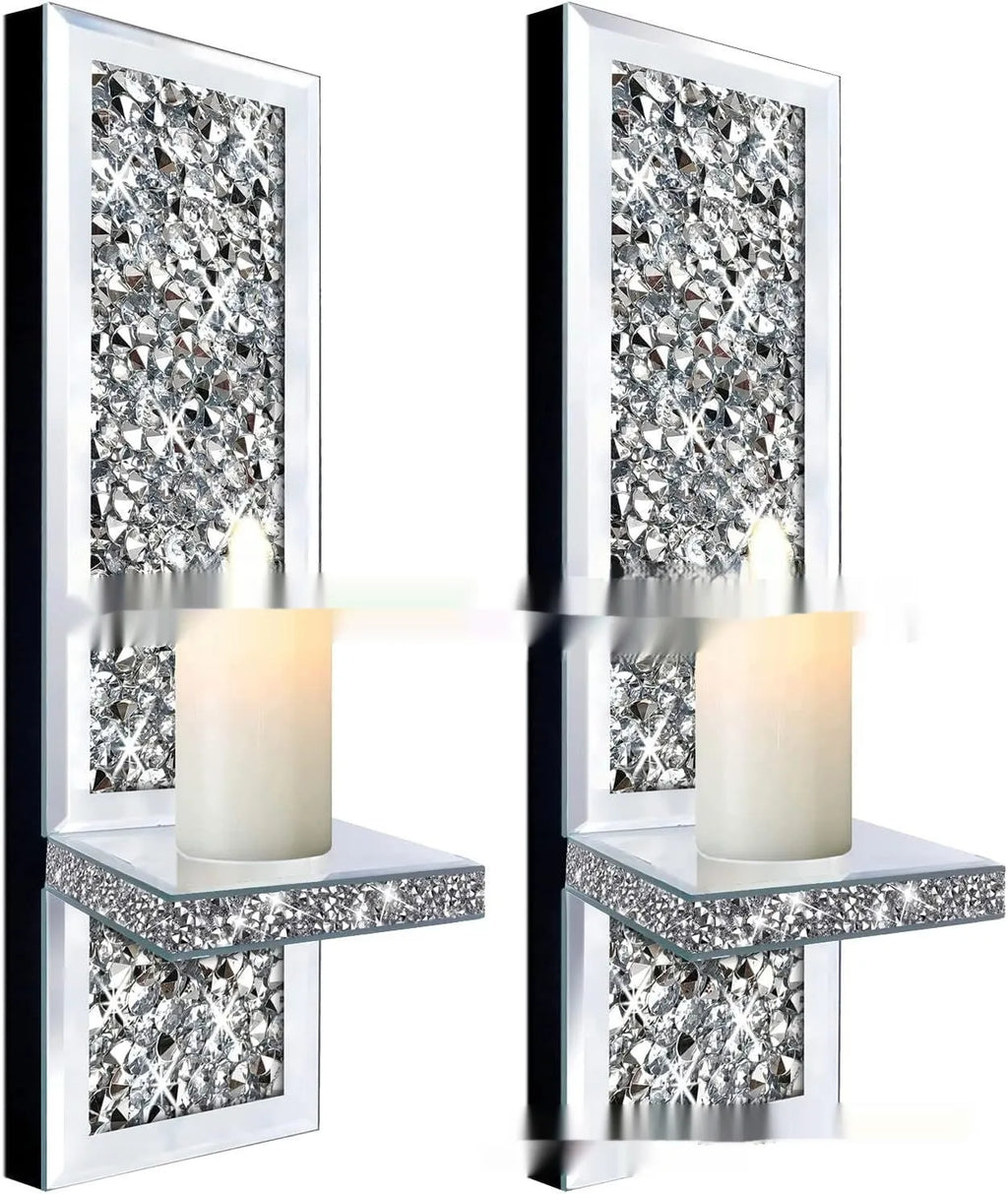 Pair of silver mirror glass wall candle holders measuring 10x11x38cm