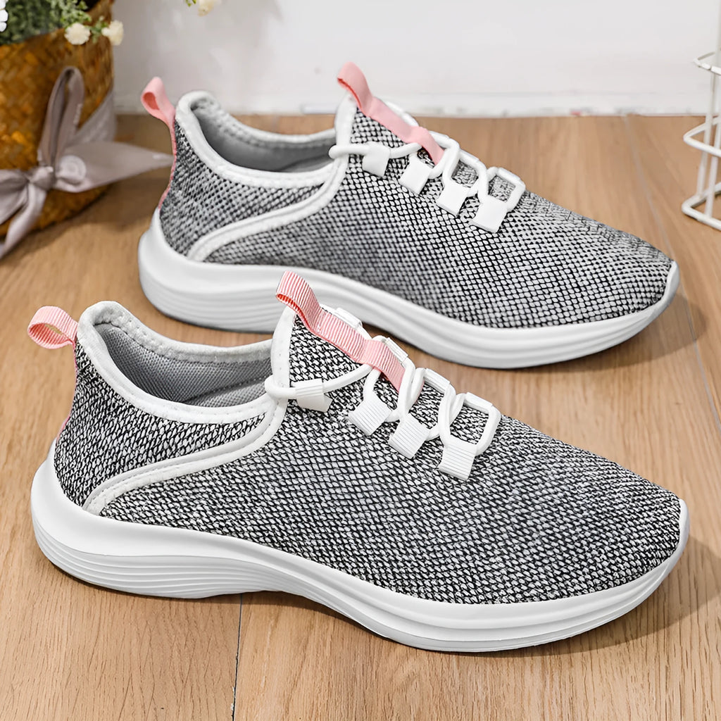 Women's Flyknit mesh casual sneakers in black, pink, or grey with round toe and lace-up front
