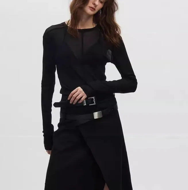 Black mesh slim-fit long sleeve women's pullover top on a hanger
