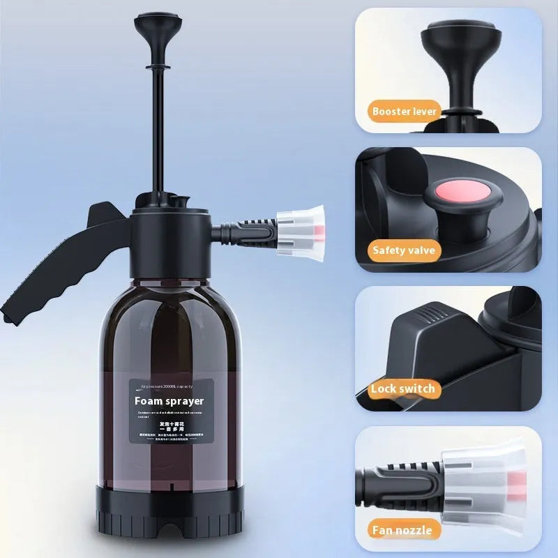 Black hand-held sprayer watering can with aluminium oxide pressure rod and 2L capacity for car washing and garden use