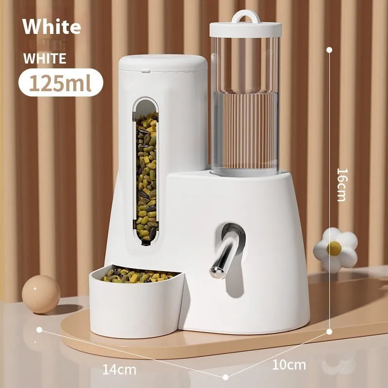White, blue, and pink hamster automatic drinking water feeder and food basin for dwarf hamsters.