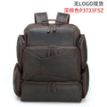 Dark brown genuine leather 17-inch laptop backpack with double straps and multiple pockets.