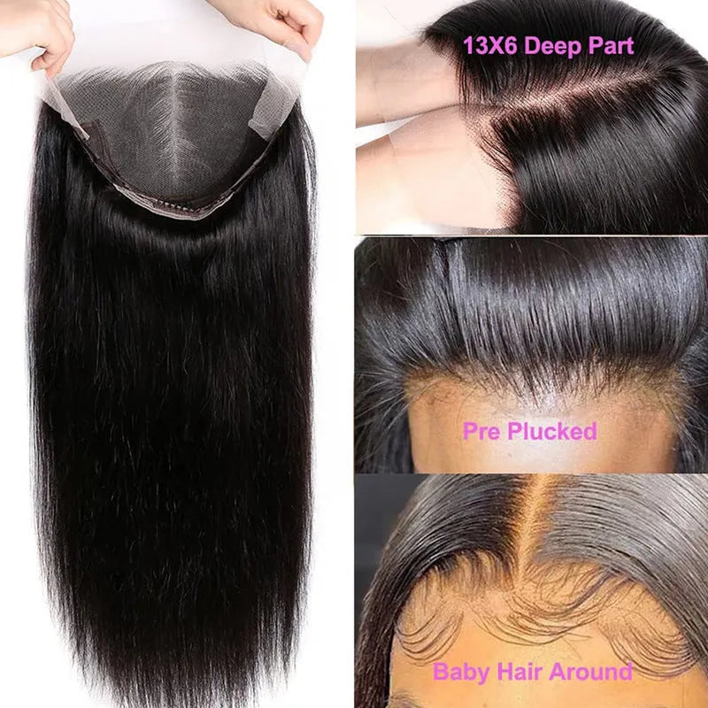 A straight black human hair wig with a 13x6 lace front, shown at a medium length.