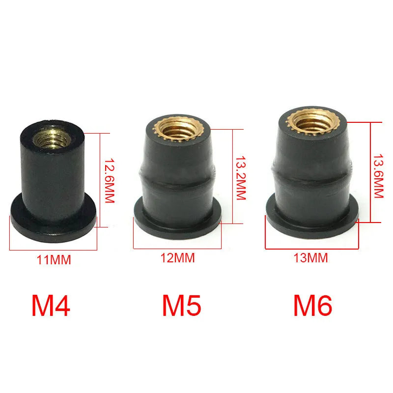 Motorcycle windshield rubber expansion well nut fasteners with brass cores, 10-piece kit including M4 M5 M6 sizes