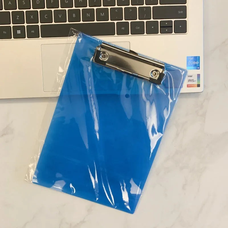 Transparent A4 plate holder with metal clip in blue, green, red, and white colour options