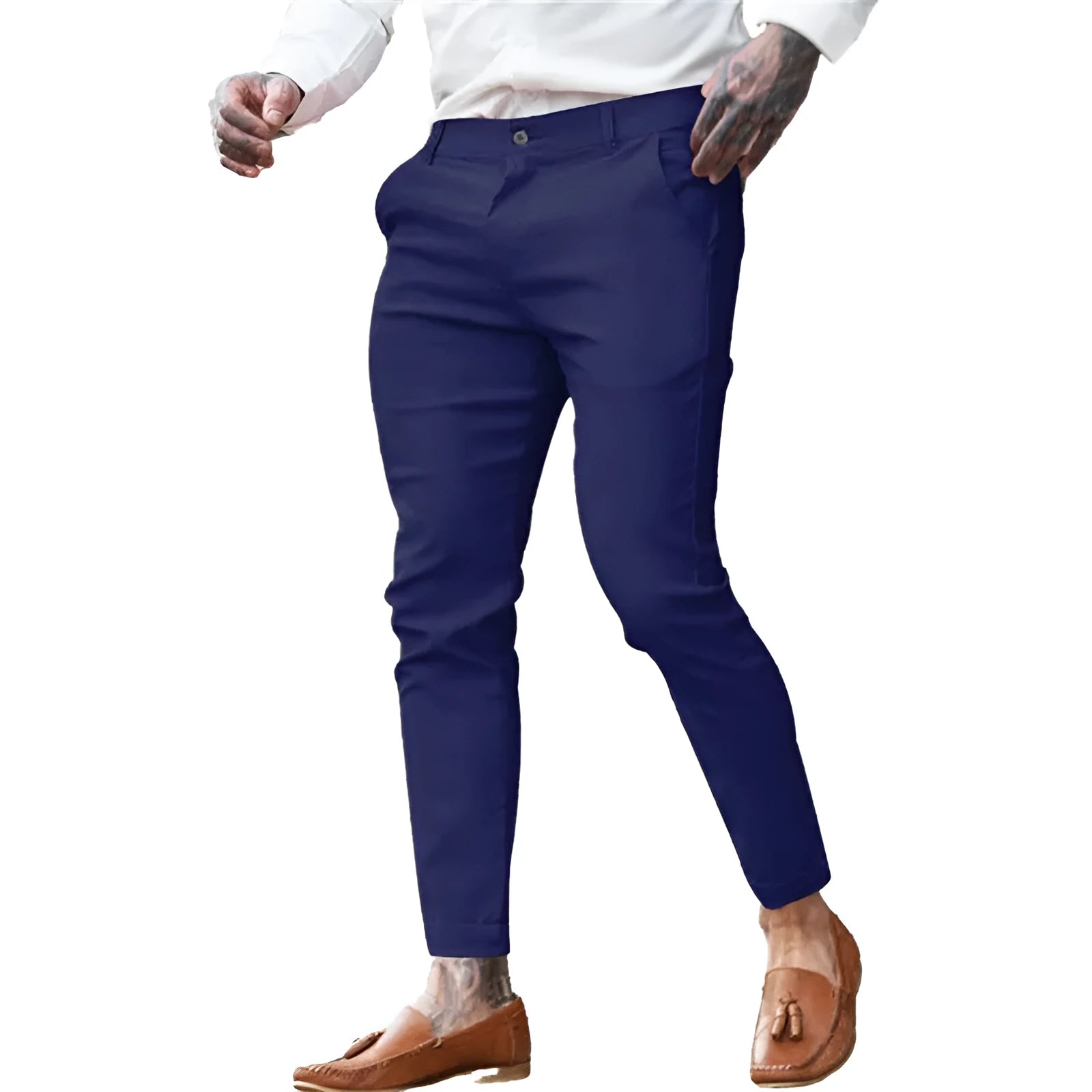 Men's slim-fit pencil trousers in high elasticity cotton twill fabric on a grey background.