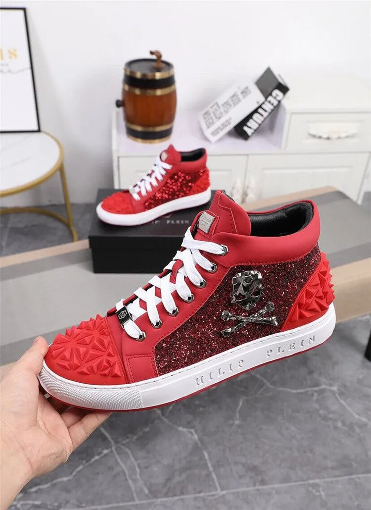Men's black genuine leather high top skeleton shoes with lace-up closure and rubber sole