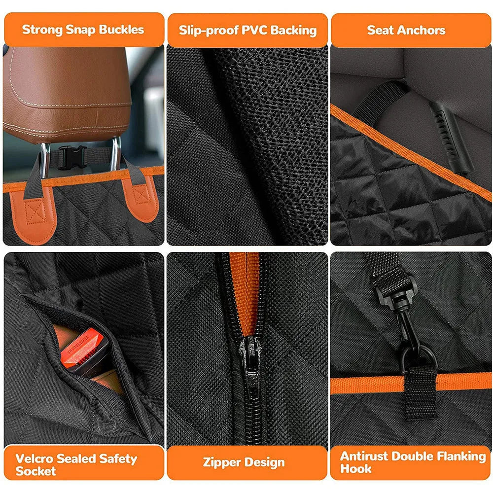 Black dog car seat cover with orange edging, showing mesh window and storage pocket on rear seat