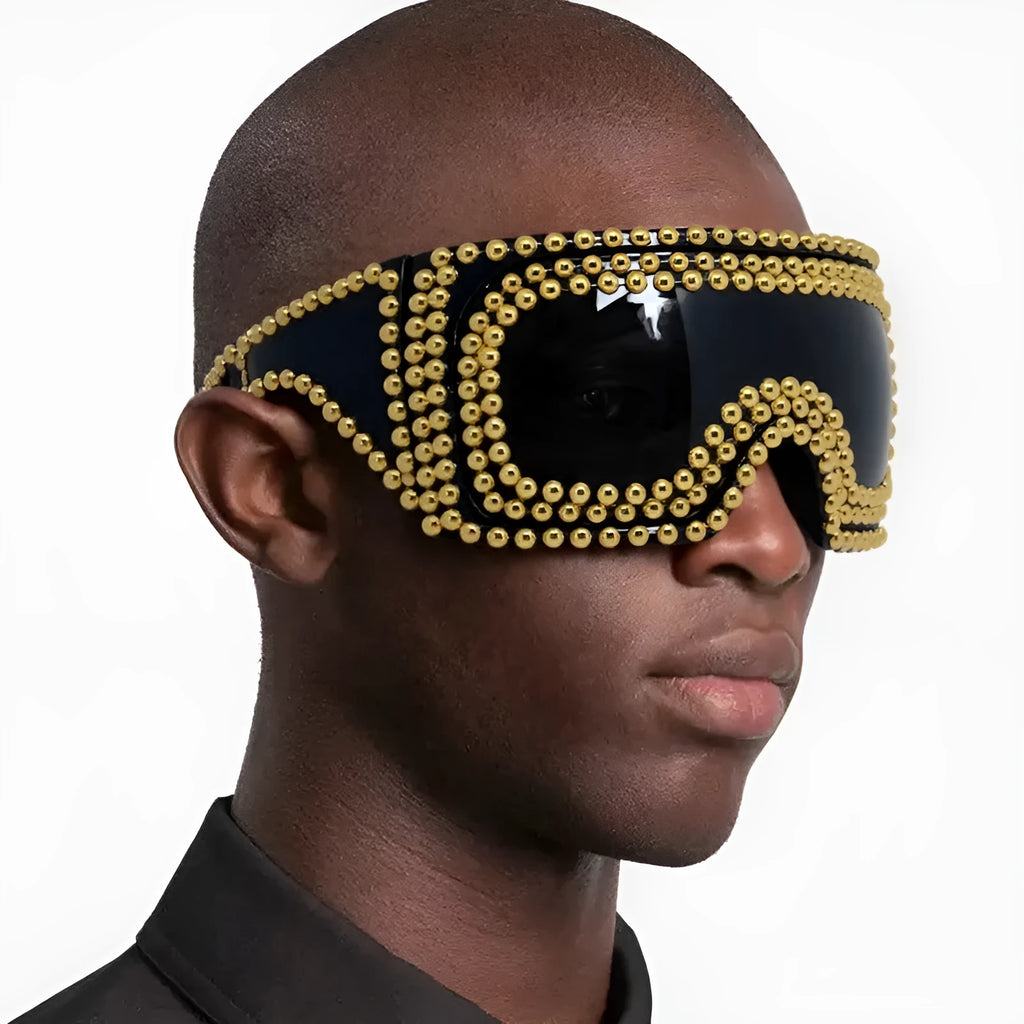 Men's square aviator sunglasses with large rim and rivet details in gold colour.