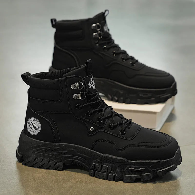 Men's black and yellow artificial PU Martin boots with mid-calf height and injection moulded sole.