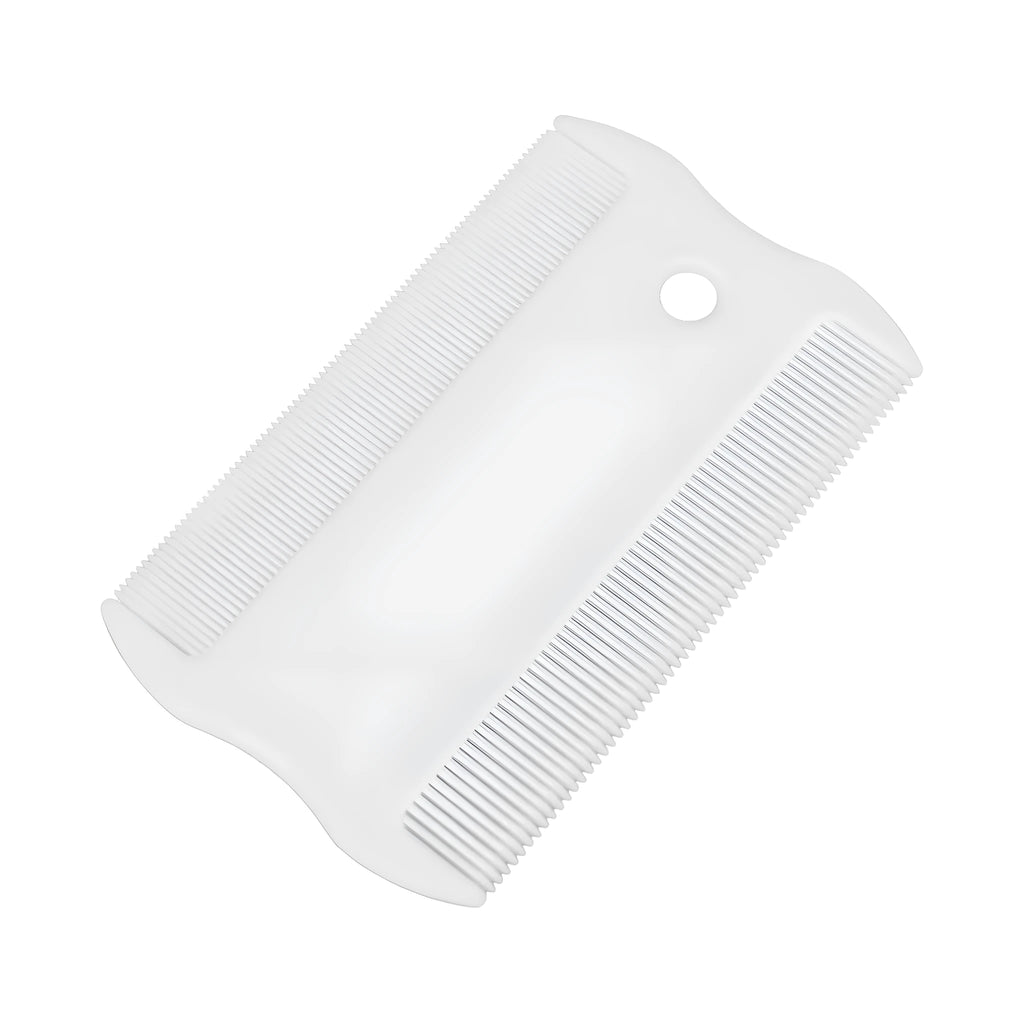 Small white plastic flea comb for pets with double-sided dense teeth, shown next to a ruler for scale.