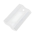 Small white plastic flea comb for pets with double-sided dense teeth, shown next to a ruler for scale.