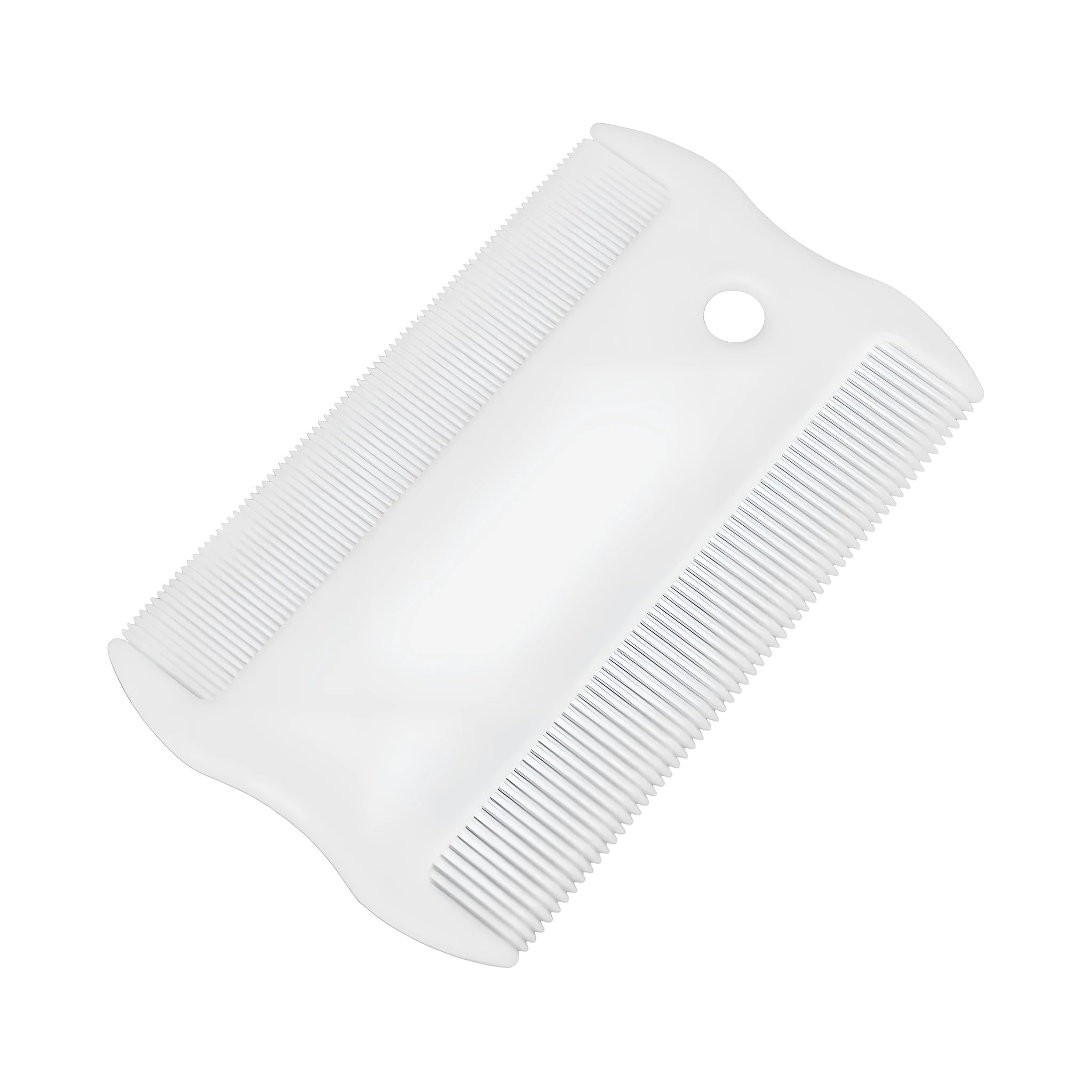 Small white plastic flea comb for pets with double-sided dense teeth, shown next to a ruler for scale.