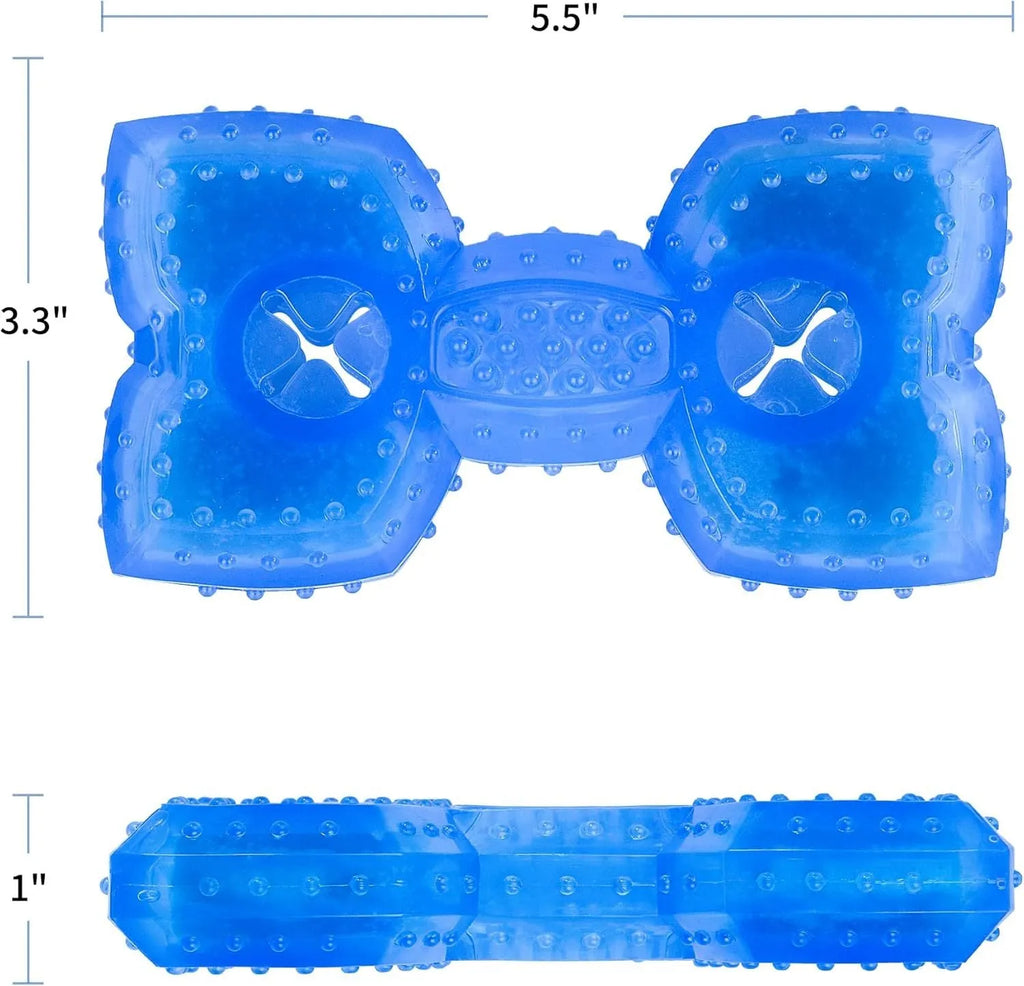 Freezable blue dog chew toy with textured surface for cooling and dental care.