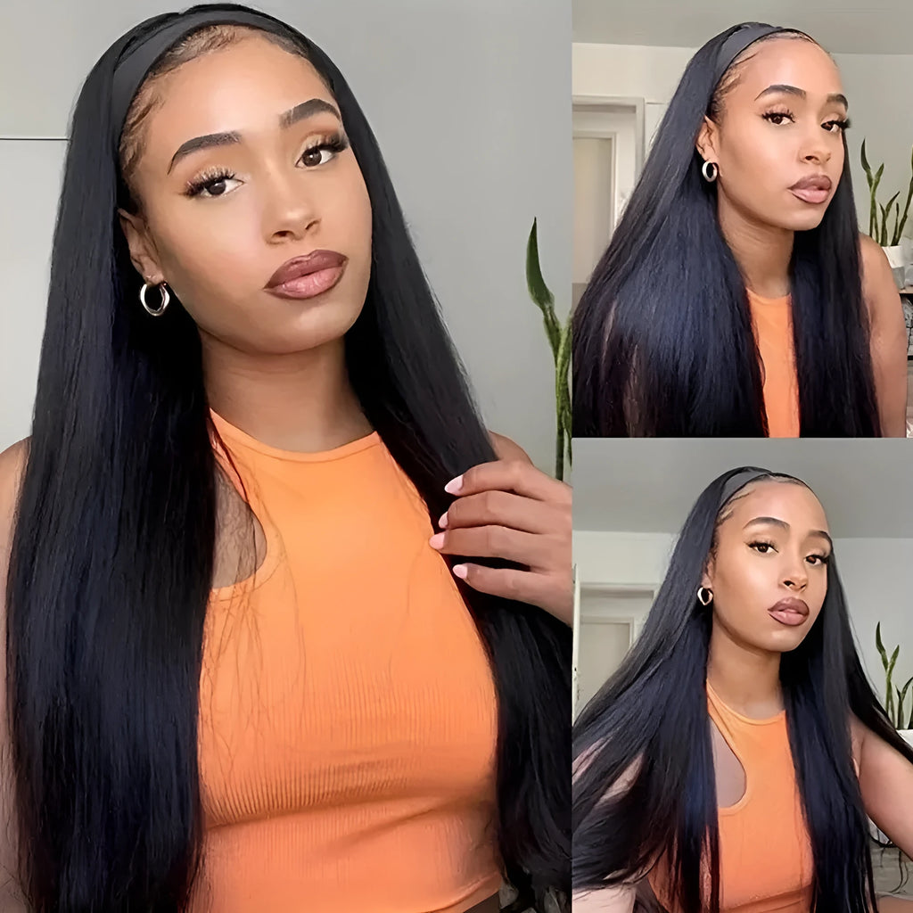 Headband wig shown in long black straight, long black curly, and wine red high temperature fibre hair.