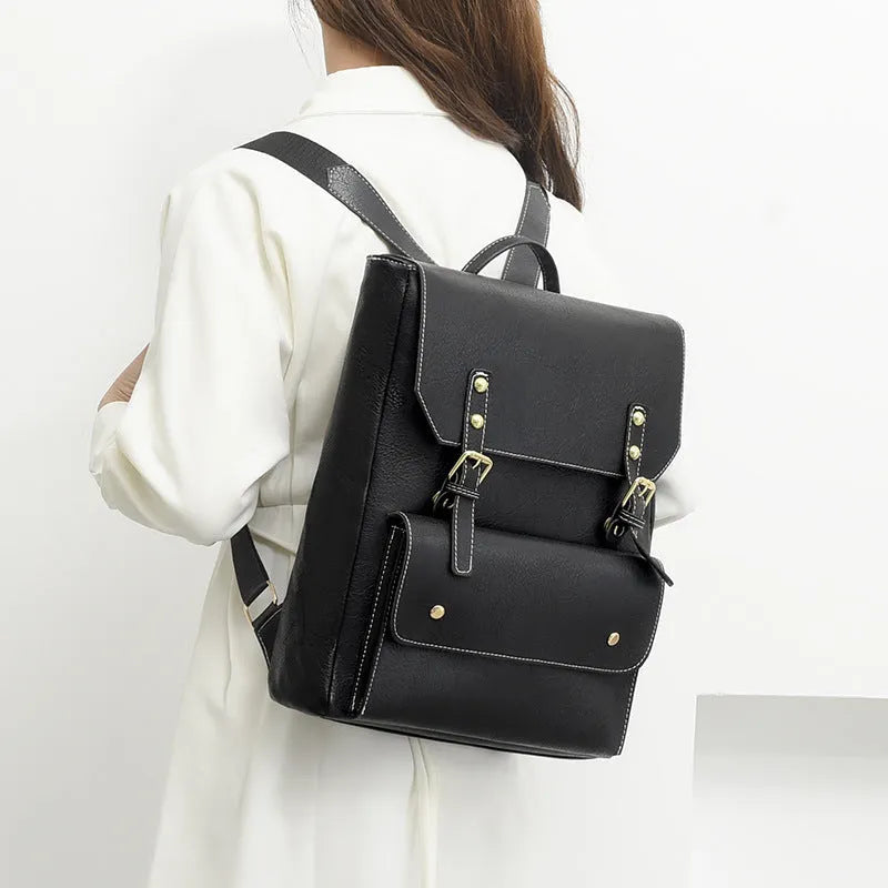 Korean style retro backpack in soft PU material showing ventilation features and available colour options