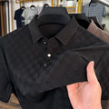 Rhombus patterned thin ice silk short sleeve T-shirt in black, showing V-neck and slit design detail.