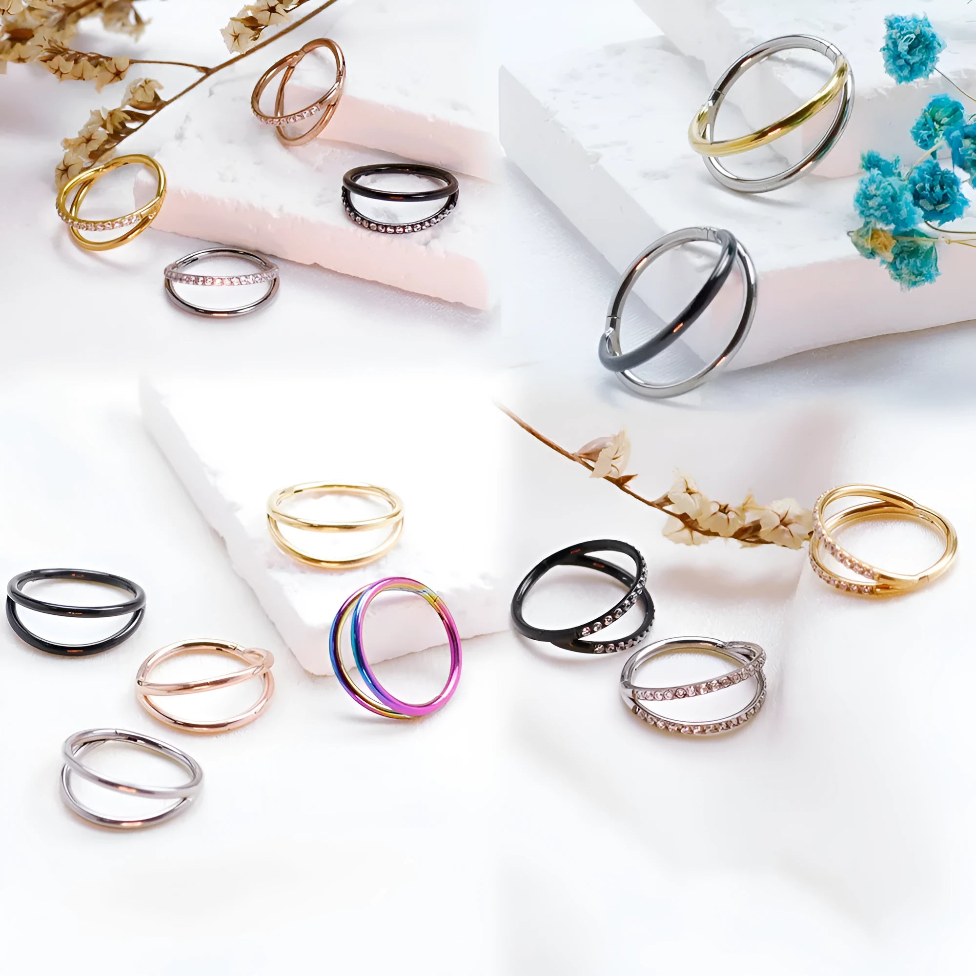 Titanium alloy nose ring jewellery on a plain background showing silver and gold colour options.