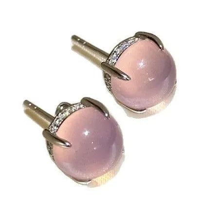 Round geometric chalcedony stud earrings with four-claw setting in Chinese National Fashion style