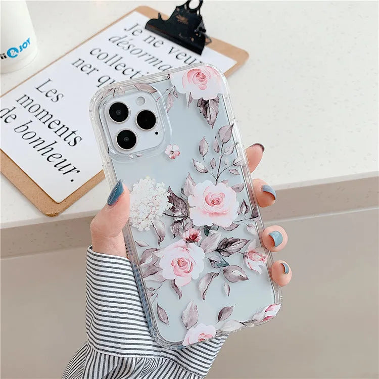 Green leaf flower transparent silicone phone case for iPhone showing drop protection