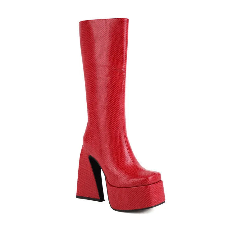 Women's black high boot made of faux PU leather, shown in a casual style.