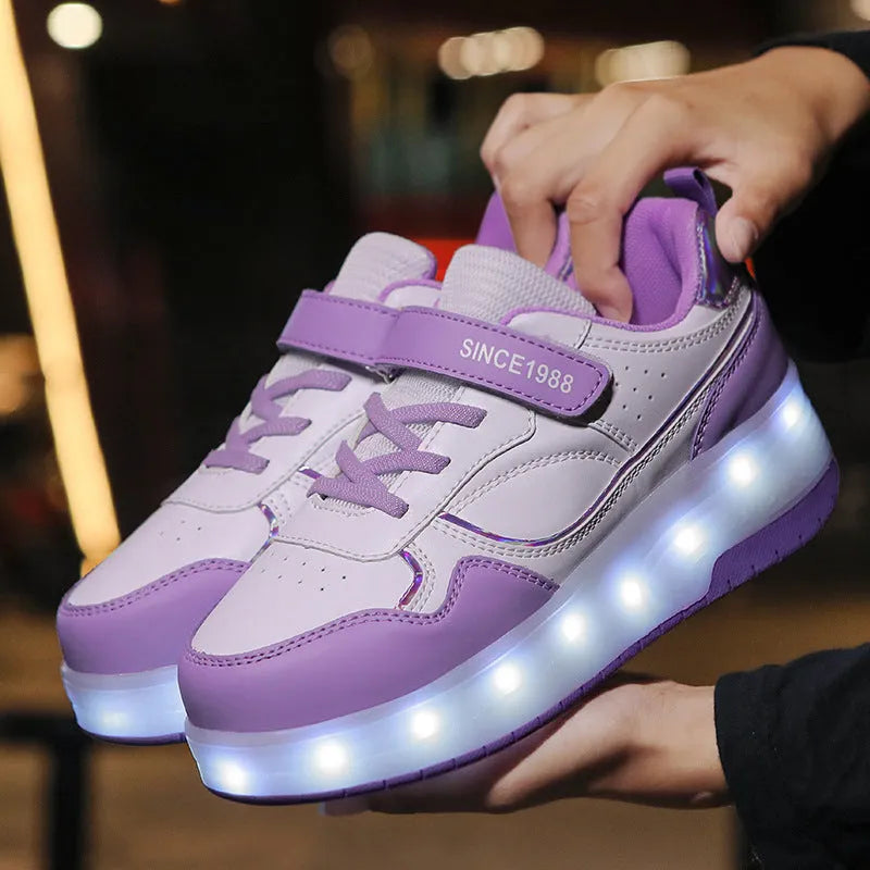 Child wearing rechargeable roller skates with illuminated flash wheels in a choice of colours