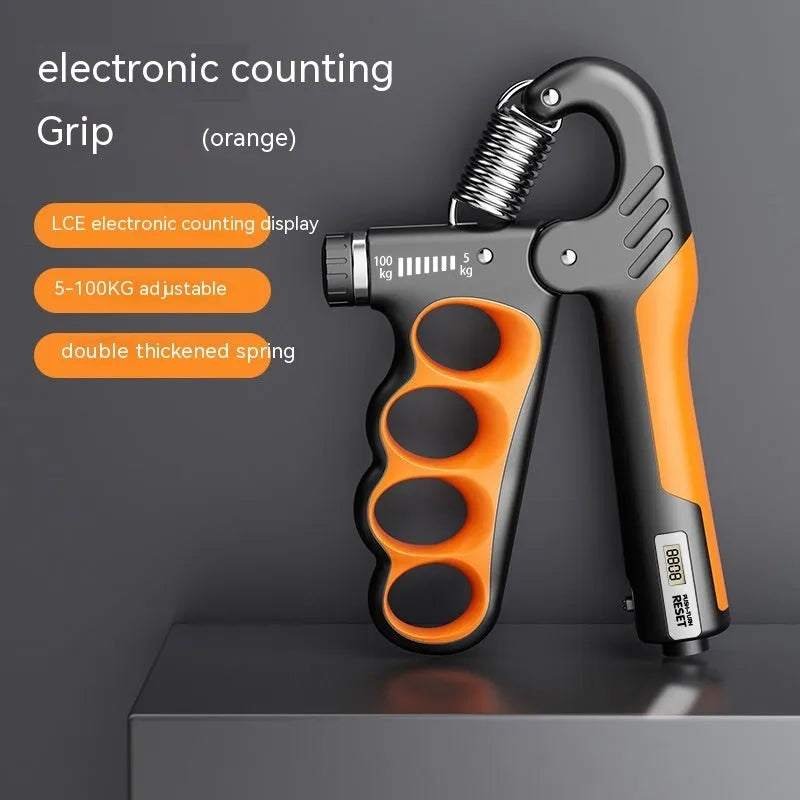 Electronic counter spring grip in orange, red, or grey colour with adjustable resistance mechanism