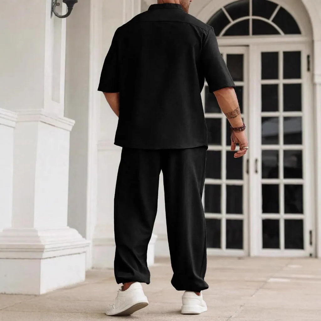 Men's casual cotton linen button short-sleeved shirt and trouser set in three colour options
