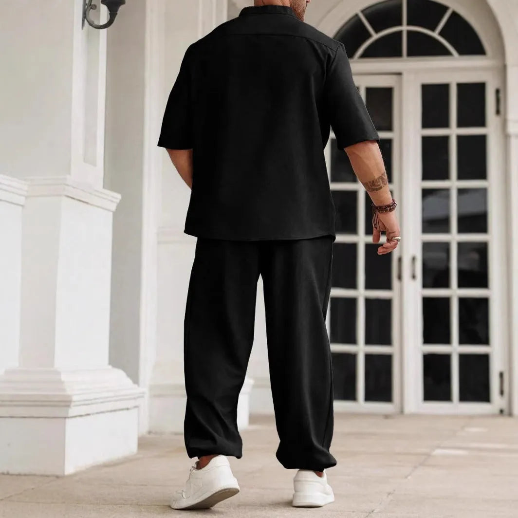 Men's casual cotton linen button short-sleeved shirt and trouser set in three colour options