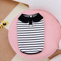 Striped cotton t-shirt and skirt set for dogs or cats on a mannequin, showing casual summer pet clothing.