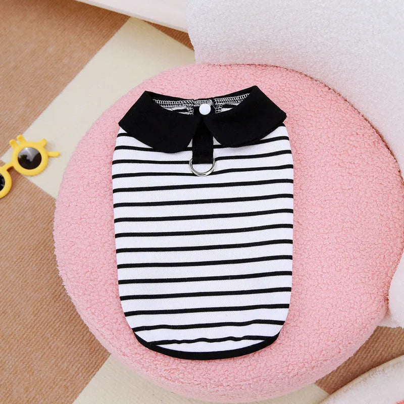 Striped cotton t-shirt and skirt set for dogs or cats on a mannequin, showing casual summer pet clothing.