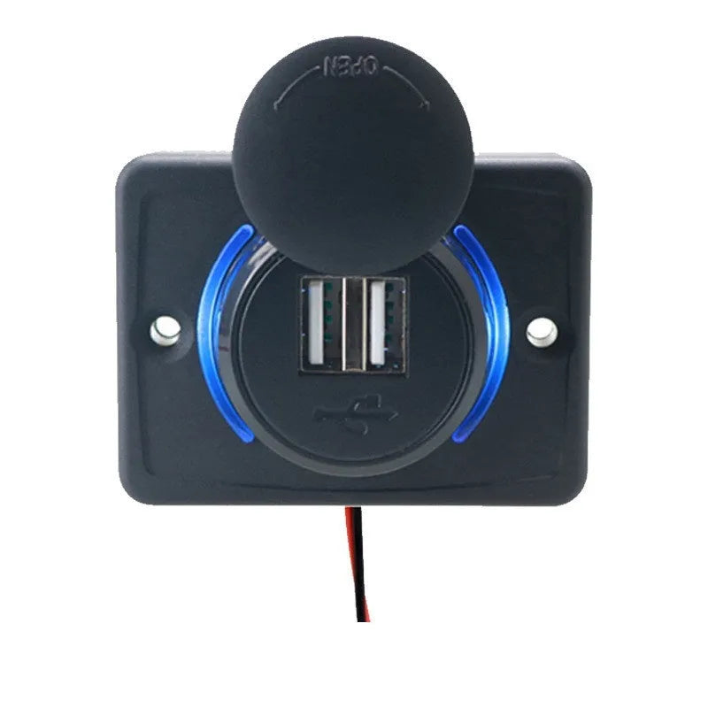 Black 12V dual USB car charger with 3.1A output and mounting screws