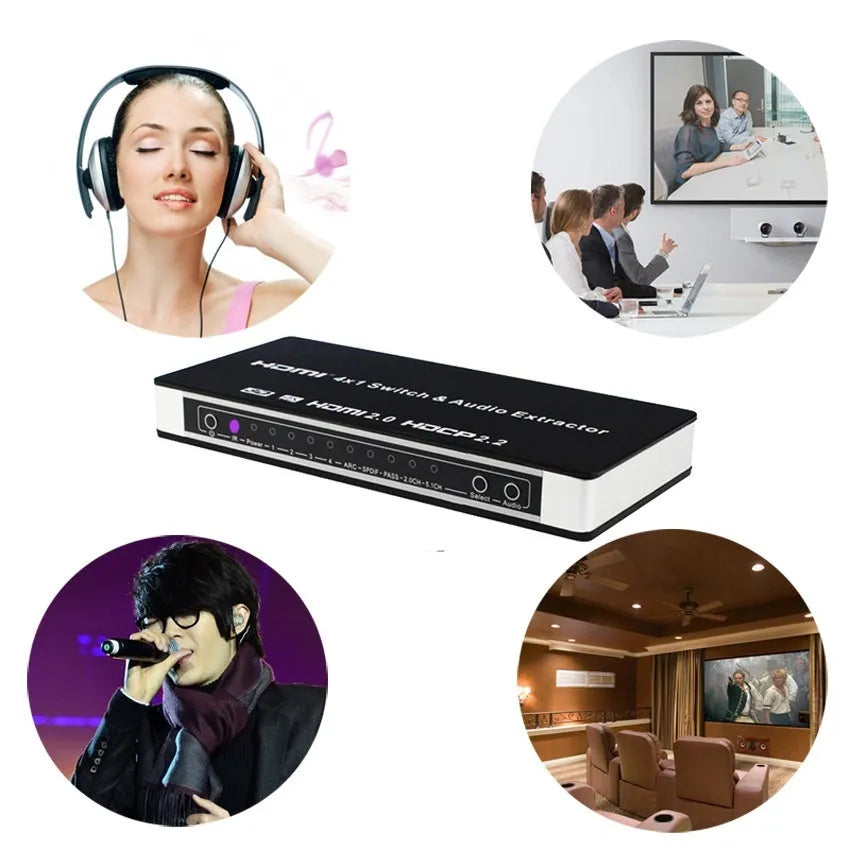 Black HDMI audio video switch with four input ports, one output port, remote control and power adapter
