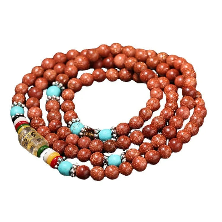 Golden star stone women's mantra bracelet with 108-piece nugget sand construction and fu character ornament