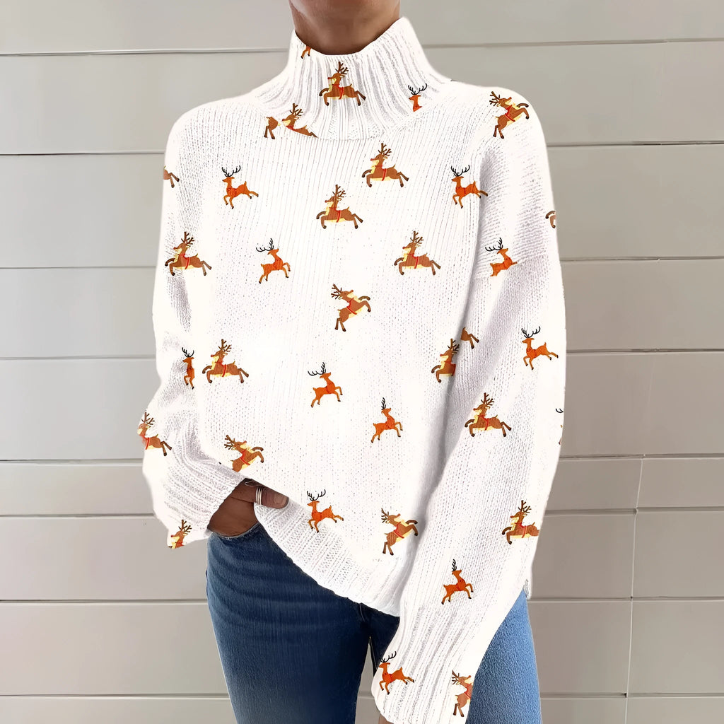 Women's loose-fit Christmas printed turtleneck sweater in macaron colour on a hanger.