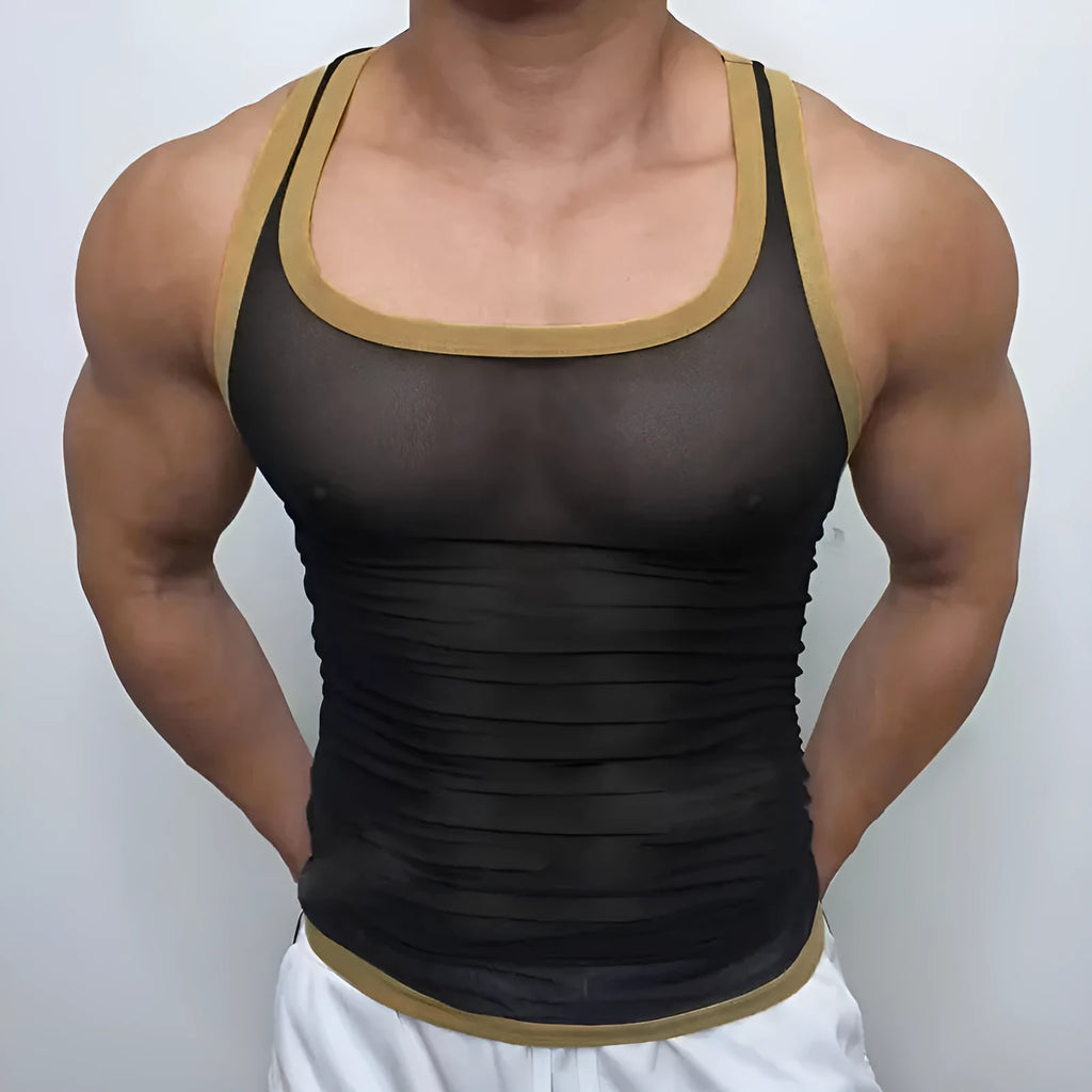 Men's solid colour sleeveless mesh fitness vest in a tight amekaji style.